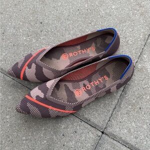 Rothy's Women's Pointed Knit Flats in Brown Camo with Orange and Blue Trim